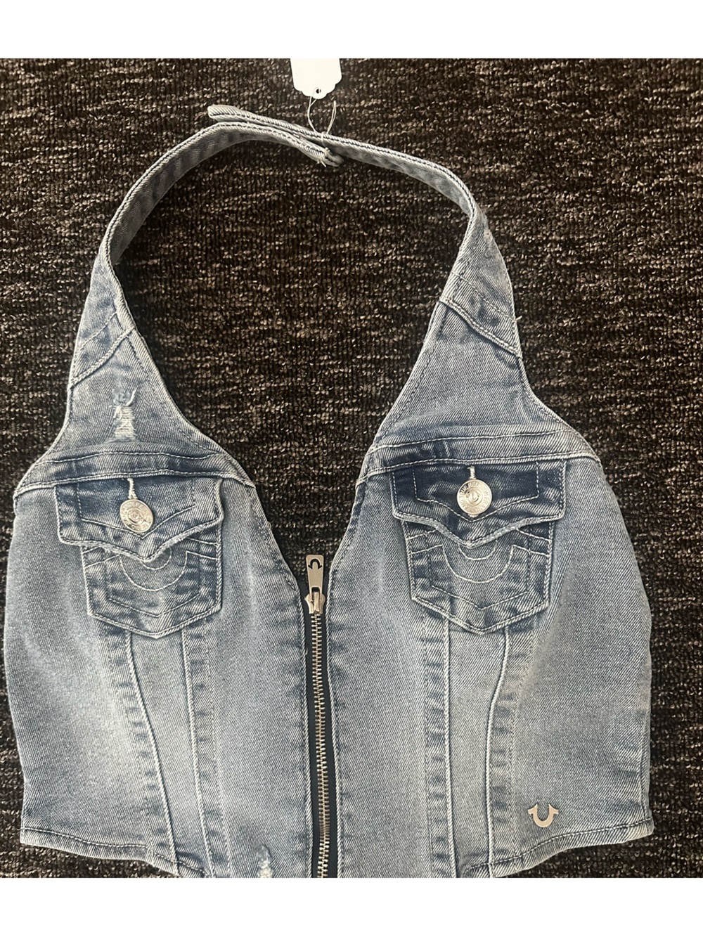 True Religion Light Blue Denim Halter Top with Front Zip